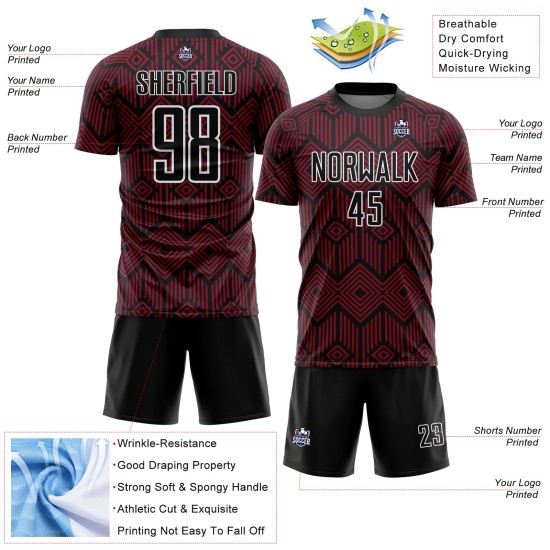 Maglia da calcio personalizzata Crimson Black-White con forme geometriche astratte stampate a sublimazione
